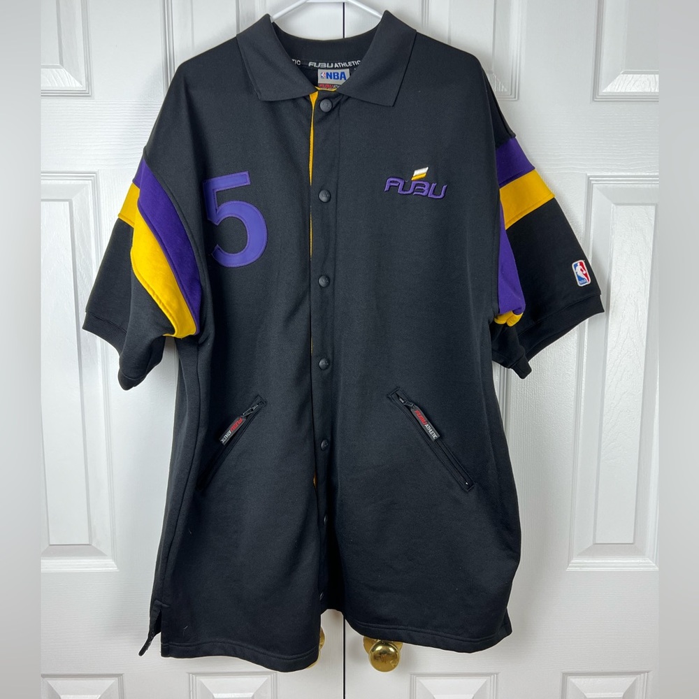 Vintage FUBU‎ Athletic NBA Button Up Jersey 05 Lakers Black Gold Purple Size XL